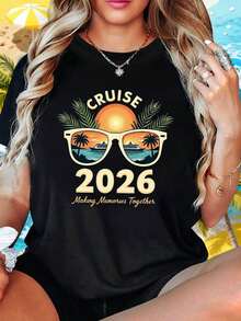 Camiseta de mujer con estampado de letra que evoca el cálido recuerdo del viaje en crucero de 2026, de manga corta, cuello redondo, casual para verano y primavera, ropa de mujer - Negro - Ver 1