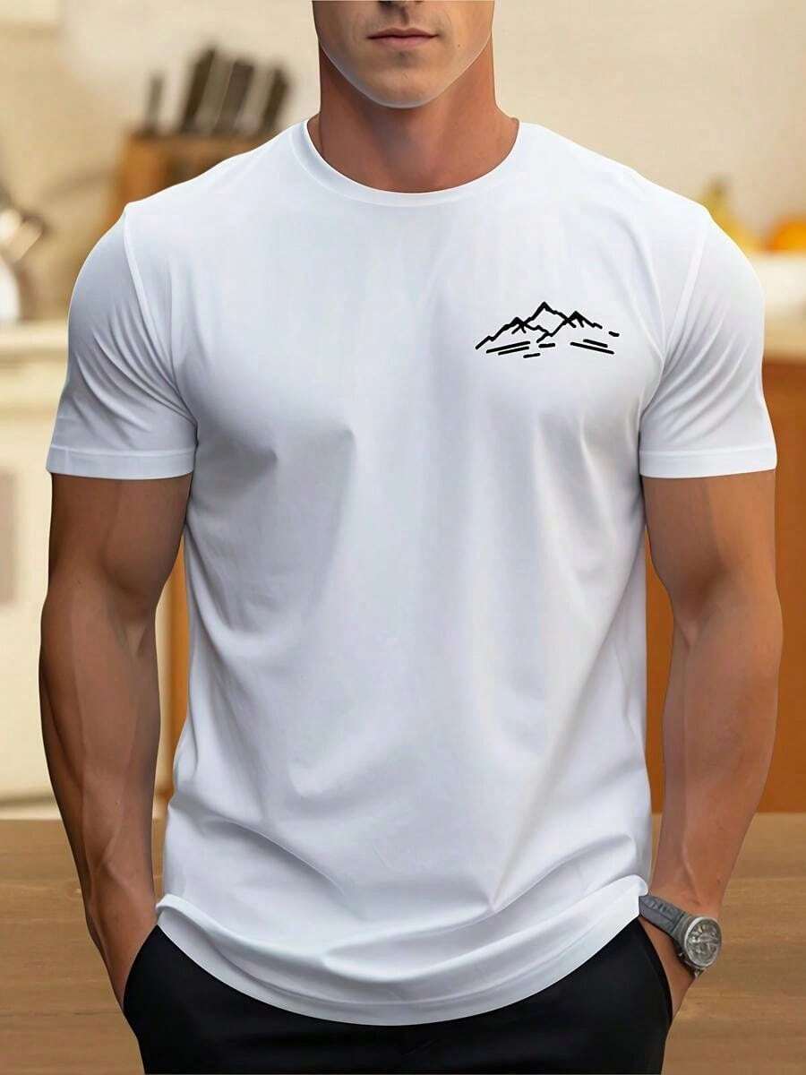 Men's Minimalist Mountain T-Shirt, Casual, Elegant Style, Ideal For Everyday Wear - 白色 - 查看 1