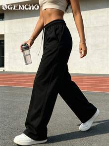 Loose Casual Solid Color Relaxed Fit Sweatpants, Adjustable Drawstring Waistband, Side Pockets, Everyday Wear Black Spring Sports - Black - View 2