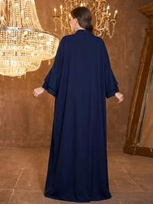 SUPGIR Plus Size Women's V-Neck Straight Flare Sleeve Chiffon Spaghetti Strap Waist Design Elegant Fitted Evening Dress Vacation Fall - Navy Blue - View 3