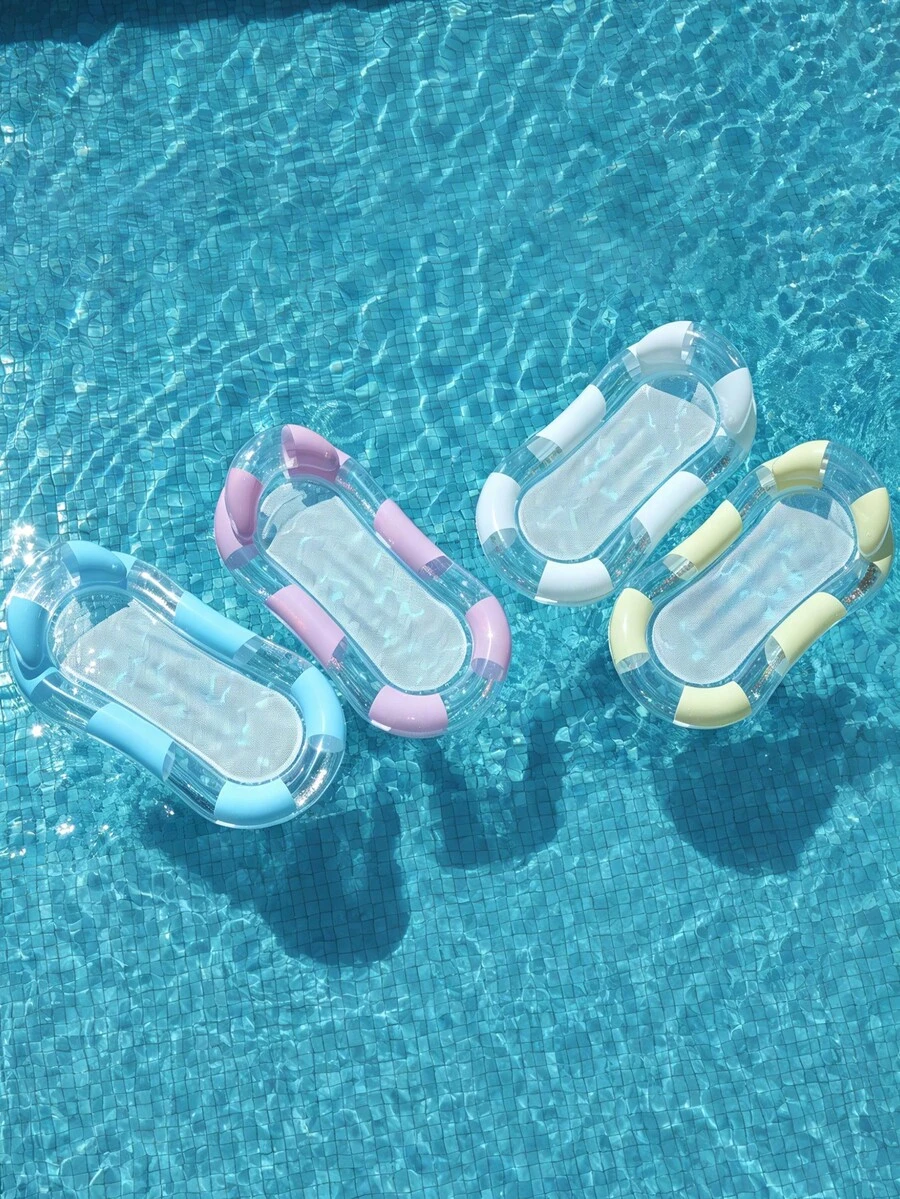4色馬卡龍條紋網格充氣泳池浮床,透明亮片水上躺椅,適合成人夏季度假 - 彩色 - 查看 1