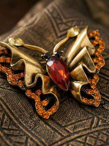 1pc Vintage Butterfly Brooch Women Fashion Elegant Insect Pin High-End Banquet Dress Accessory Gold Rhinestone Corsage - Yellow - View 12