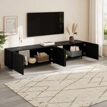 Modern Low TV Stand With Embossed Moldings, 4 Doors, Metal Legs - 黑色 - 查看 8