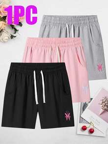 女款夏季刺繡休閒運動短褲 黑色 - 黑色 - 查看 2