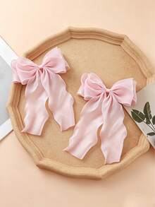 Clip de pelo de primavera con lazo grande de malla rosa y cinta ondulada, accesorio elegante y suave para media coleta - Rosa - Ver 6