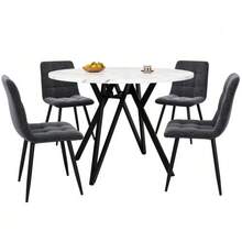 Dining Set (5 Pieces), Including A Table And Four Chairs, A Modern Kitchen Set, A Round Table 100 Cm In Diameter, Black Metal Legs, A Marble Effect MDF Top And Grey Linen Dining Chairs. - Black - View 1