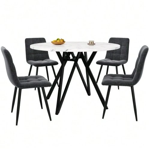 Dining Set (5 Pieces), Including A Table And Four Chairs, A Modern Kitchen Set, A Round Table 100 Cm In Diameter, Black Metal Legs, A Marble Effect MDF Top And Grey Linen Dining Chairs. - Black - View 1
