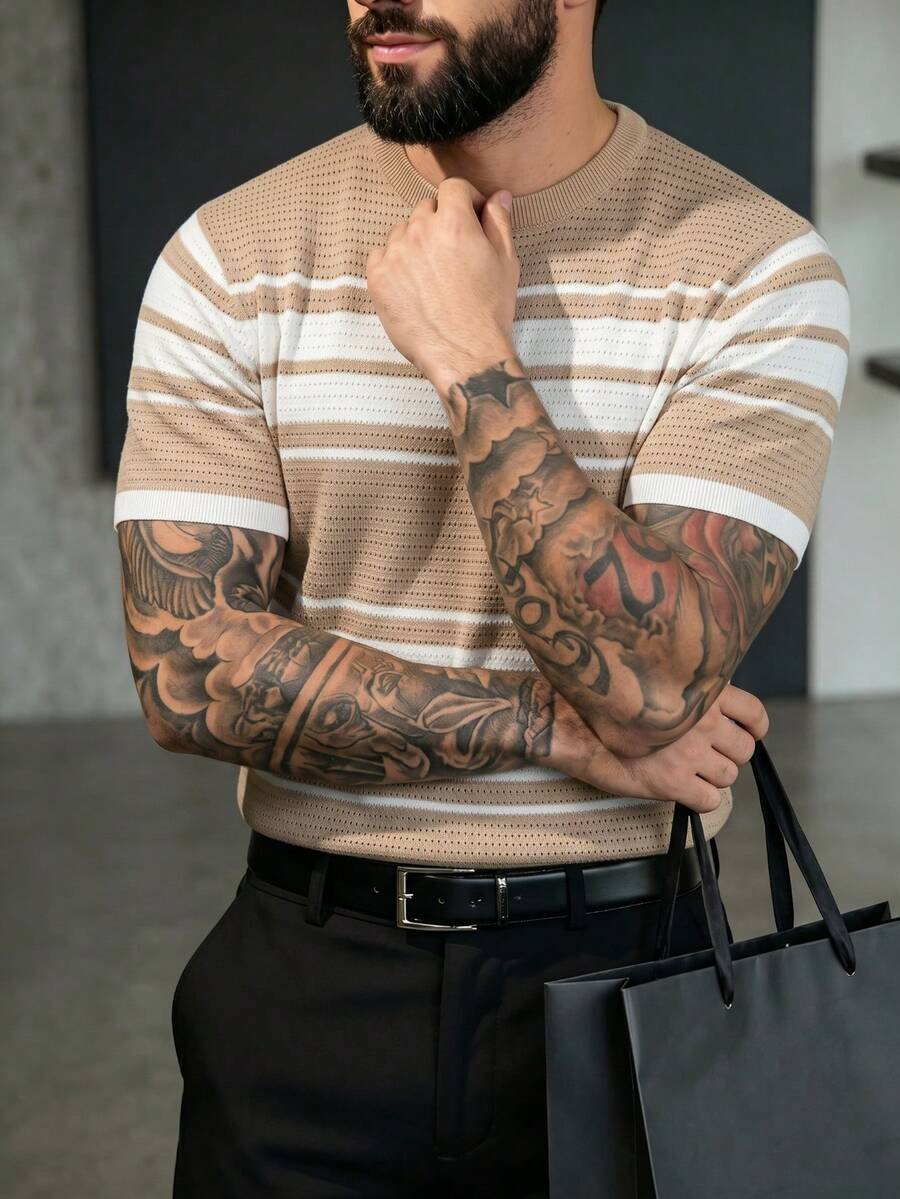 Men's Hollow Out Round Neck Short Sleeve Knit Sweater - Apricot - View 1