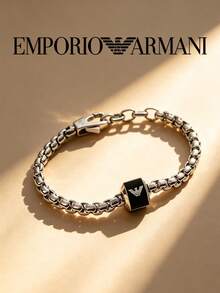 Armani 男士銀色方鏈手鍊，黑色方形珠飾搭配鷹標誌，可調節延長鏈，經典商務日常腕飾禮物 - 銀色 - 查看 1