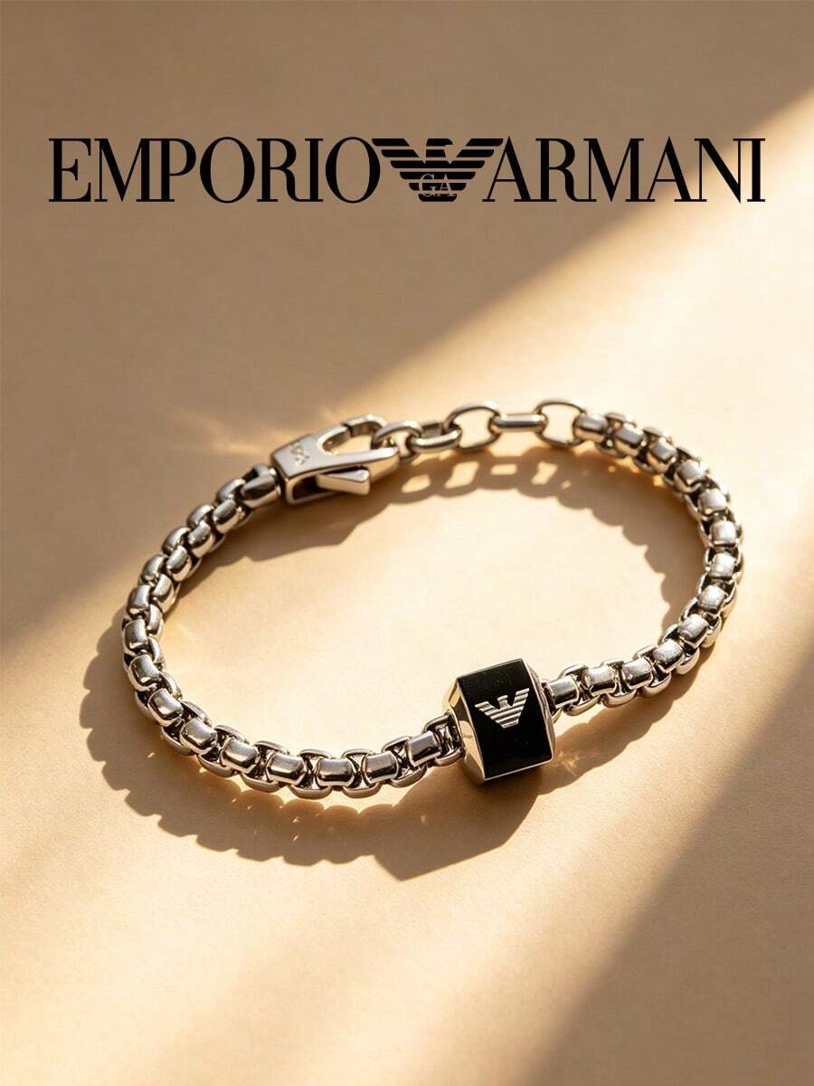 Armani 男士銀色方鏈手鍊,黑色方形珠飾搭配鷹標誌,可調節延長鏈,經典商務日常腕飾禮物 - 銀色 - 查看 1