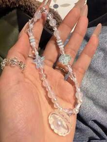 Chaîne de téléphone transparente à perles esthétique sirène Y2K, cordon de poignet avec breloques de coquillage irisé et de fleur, accessoire kawaii pour adolescentes - Multicolore - Voir 5