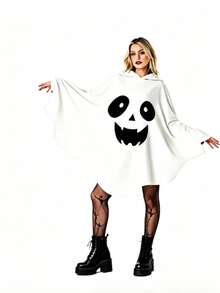 1pc Halloween Ghost Hooded Costume Adult Funny Pumpkin Face Cape Cosplay Outfit Prop - White - View 2