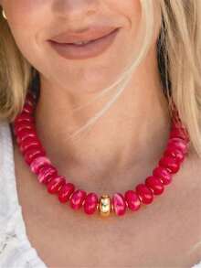 Bohemian Fashion Casual Pink Resin Beaded Necklace, Large Bead Colorful Pearl Beaded Necklace, Thick Bead Charming Jewelry, Suitable For Women's Daily And Summer Vacation - Multicolor - View 6