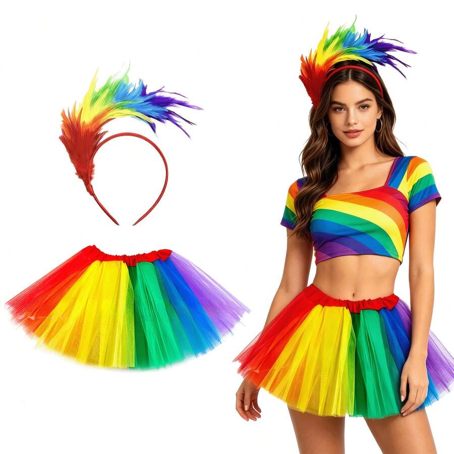 2pcs/1set Colorful Theme Set, Colorful 2-Piece Set Including Skirt And Headpiece, Suitable For Theme Parties, Cosplay, Easter, Valentine's Day, Party Gatherings - Multicolor - View 1