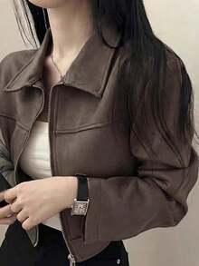 女士仿麂皮拉链夹克，翻领，纯色，休闲百搭，适合上学、机场、春秋季穿着 - 咖啡棕 - 查看 3