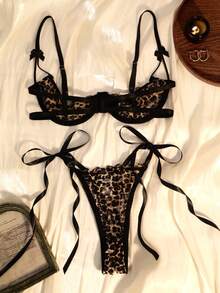 Bra Cup Seperempat Model dengan Motif Leopard dan Patchwork Renda Jala serta Celana Dalam Terbuka di Selangkangan, Set Pakaian Dalam Seksi untuk Wanita - MultiWarna - View 3