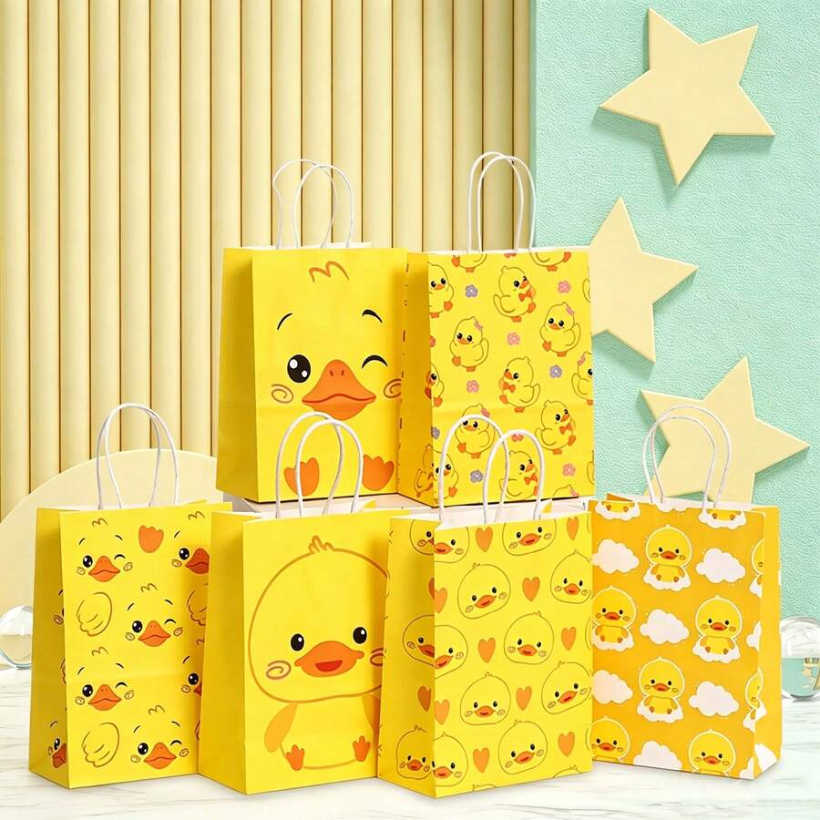 6/12/24pcs Yellow Duck Theme Paper Bags, Bright Yellow Main Color, Perfect For Kindergarten Parties, Story Time Activities, Scavenger Hunts, Classroom Rewards, Birthday Decorations, Theme Party Gift Wrapping, Family Gathering Decor, Portable Gift Bags, Outdoor Picnics - 534 - View 1