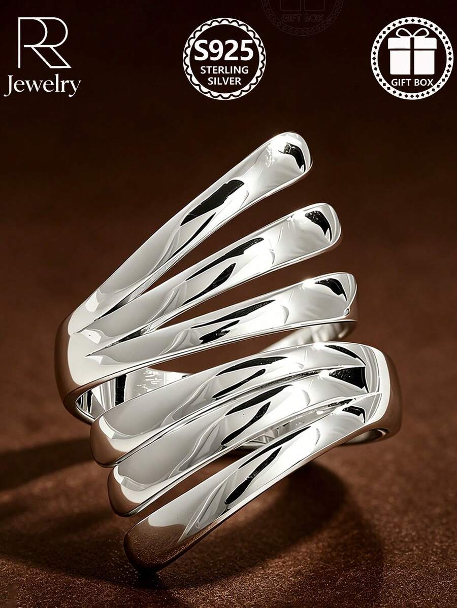 1pc Twisted Star 925 Sterling Silver Asymmetrical Design Open Ring, Daily Wear Valentine's Day Gift, Comes With Gift Box - Silver - View 1