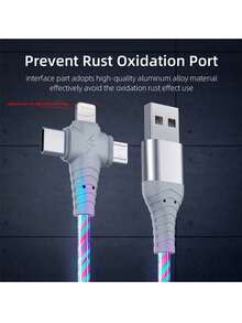 Glowing LED 3-In-1 Braided Fast Charging Cable, Multi Port USB-C/Lightning/Micro USB Cord, High Speed Charge & Data Sync For IPhone 17/16/15 Series Compatible With Samsung Galaxy, Ideal For Home Office Travel, Perfect Holiday Gift - Hot Pink - View 4