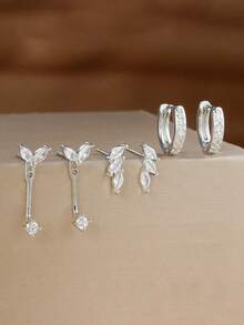 3 Pairs/6pcs Set Exquisite Leaf Zirconia Small Earring Set, 18K Gold Plated, Unique Adjustable Ear Cartilage Studs, Ear Piercing Jewelry - 6pcs Earrings Set - View 7