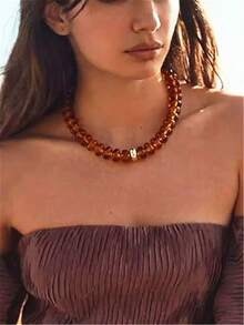 Bohemian Fashion Casual Pink Resin Beaded Necklace, Large Bead Colorful Pearl Beaded Necklace, Thick Bead Charming Jewelry, Suitable For Women's Daily And Summer Vacation - Multicolor - View 9