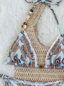 Summer Women's Retro Printed Beaded Bikini Two Pieces Set, Beach Vacation Party Sexy, Fashionable, Elegant And Casual Swimsuit Set - Multicolor - View 5