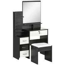 Vanity Table And Stool Set, Makeup Desk With Large Mirror, Open Shelves And 4 Drawers, Black And White - Black - View 11