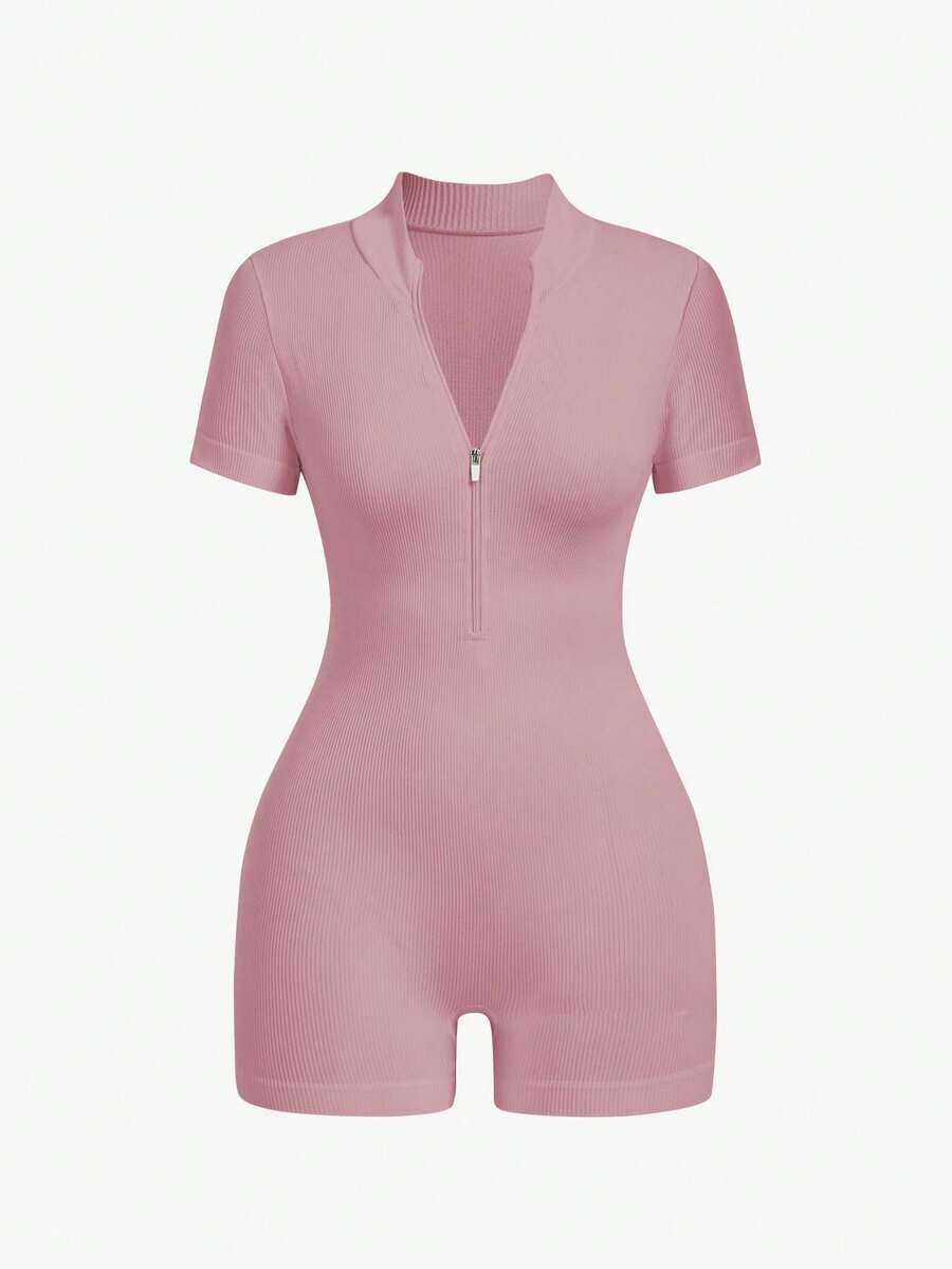 Ribbed Knit Jumpsuit With Half Zip - Rosa - View 1