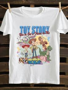 Disney Toy Story Unisex Casual Tee, Full Character Collage & Hand Signature Print, Versatile Top For Daily Leisure And Dating - 白色 - 查看 3