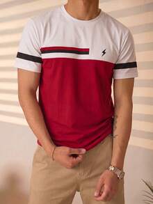 Men's Contrasting Color Short Sleeve T-Shirt, Comfortable & Breathable, Suitable For Summer, Fashionable - Red - View 4