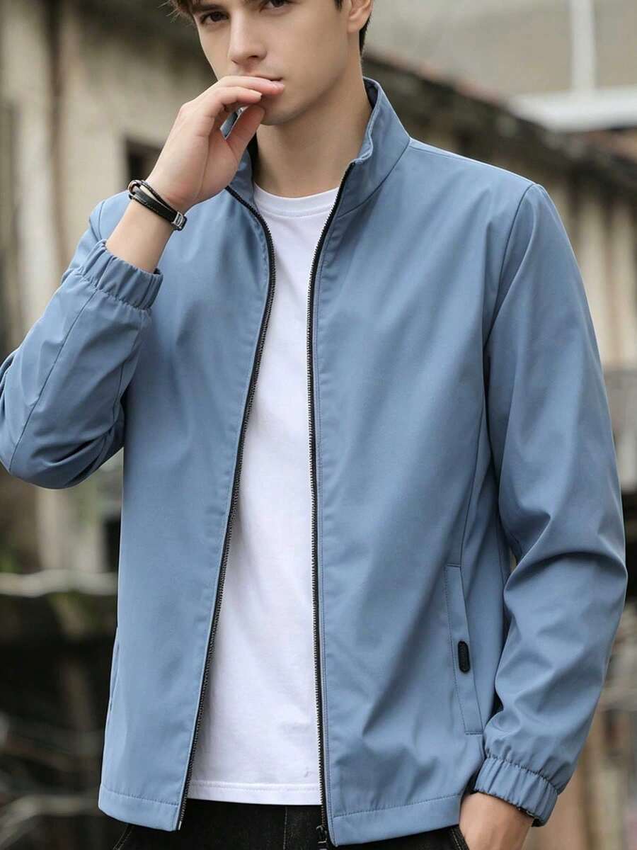 Men's Light Blue Solid Color Stand Collar Zip-Front Casual Jacket, Elastic Cuffs Side Pockets Lightweight Daily Commute Windproof Outerwear - Blue - View 1