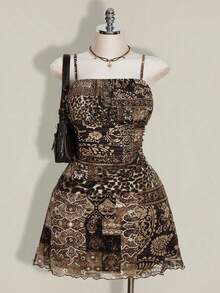 2026 New vestidos casual  Vestido de verano/otoño con estampado de hojas de arce con volantes, adecuado para vacaciones/vuelta al colegio, vestidos de sol para mujer de talla grande - Marrón - Ver 1