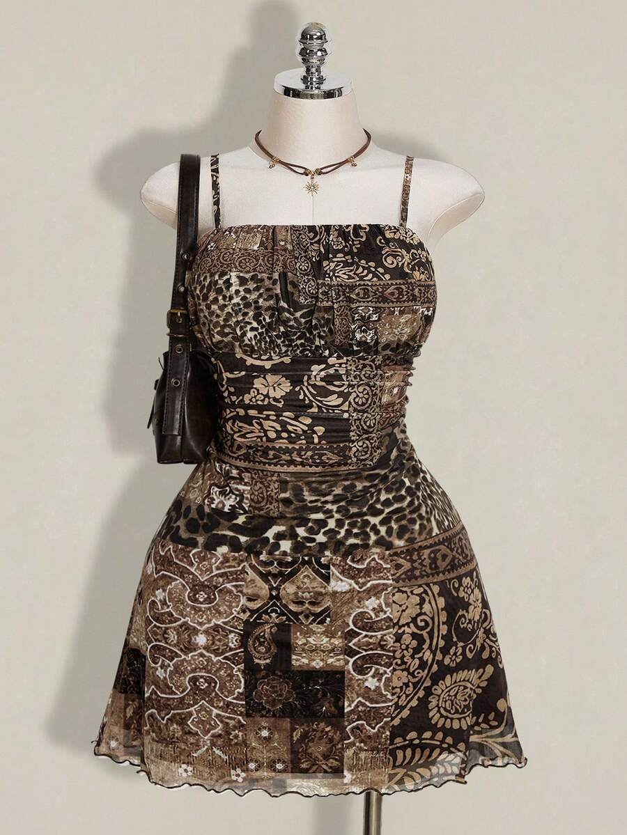 2026 New vestidos casual Vestido de verano/otoño con estampado de hojas de arce con volantes, adecuado para vacaciones/vuelta al colegio, vestidos de sol para mujer de talla grande - Marrón - Ver 1