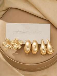 6/18PCS Fashionable Elegant Floral Geometric Multi- Gold Metallic Earring Set, Women's Fashion Earring Set, Daily Wear, (Lightweight CCB Material, Non-Fading) - Gold - View 5