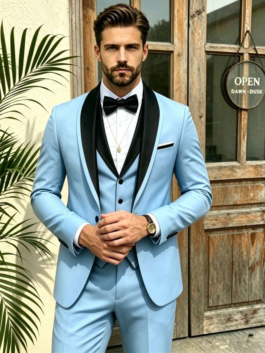 SuitGent 三件套男士高品质商务西装，撞色新郎婚礼礼服，修身休闲西装外套和裤子套装，春季礼服套装