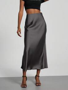 Elegant Textured Satin Midi Skirt That Flatters The Figure. - Coffee Brown - View 6