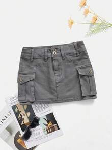 Falda en mezclilla con bolsillo con solapa - Gris Claro - Ver 1