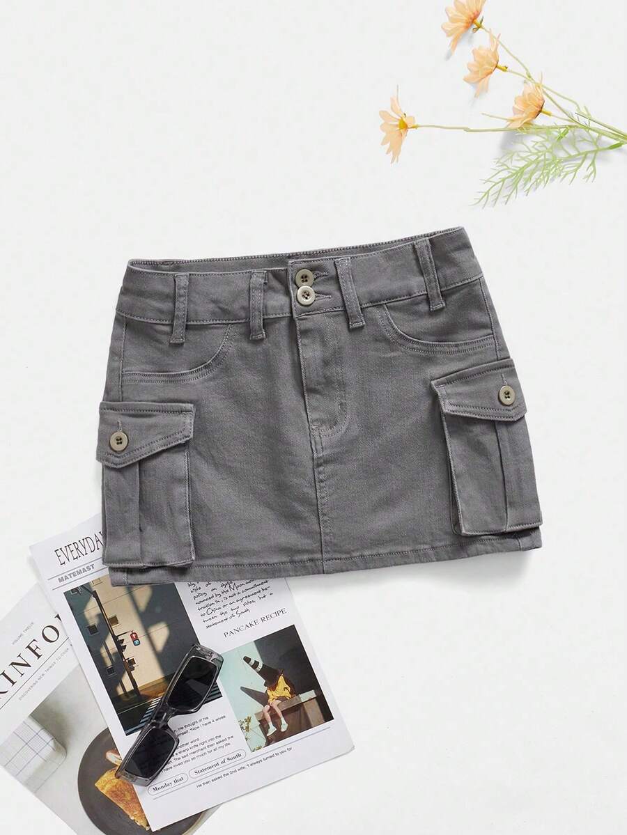 Falda en mezclilla con bolsillo con solapa - Gris Claro - Ver 1