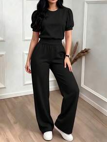 2er/Set Damen schwarzes lässiges besticktes Strick Loungewear Set, Frühling/Herbst elegant Sommer - Schwarz - Übersicht 4