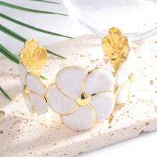 3D Floral Open Cuff Bracelet - Romantic Vintage Style Hand Accessory, Daily Commute/Date/Vacation, Gold Trim+Multiple Colors Available+Exquisite Petals - Multicolor - View 6
