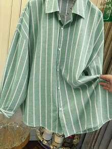 Women's Green & White Striped Loose Fit Shirt, Tie Back Design, Suitable For Commuting, Casual Wear, Beach, Vacation - Green and White Stripes - View 2