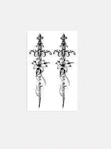 1pc Retro European-Style Floral Embossed Intertwined Lily Flower Pair Pattern Temporary Tattoo Sticker, With Realistic Tattoo Design, Suitable For Travel, Music Festivals, Games, Graduation Gifts, And For 3-5 Days. - Black - View 4