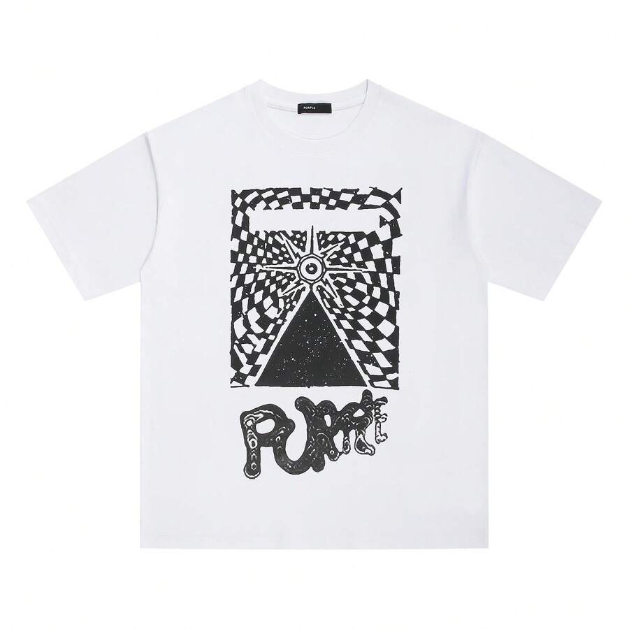 Men's Clothing Supply: European And American Urban Fashion Brand Purple With Square Ink Splatter Print, Plus Size Short Sleeve T-Shirt For Tall Men And - 白色 - 查看 1