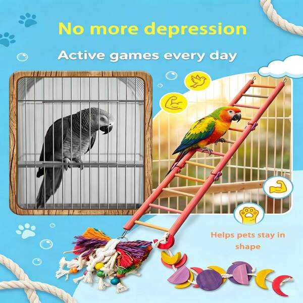 Thang gấp 3 khớp bằng gỗ tự nhiên kèm đồ chơi chim treo bằng lông nhung