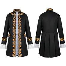 New Vintage Palace Style Jacket, Black Base With Striking Orange Vine Print, Stand Collar Design Showcases Noble Elegant. Cuffs Accented With White Lace Trim, Exquisite Details Highlight Luxury And Elegance. Eye-Catching Costume For Halloween, Masquerade Ball - Black - View 14