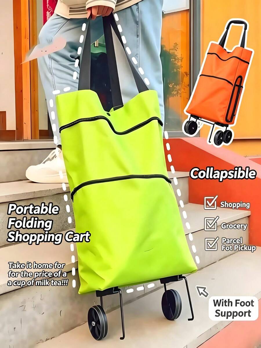 2-In-1 Foldable Wheeled Shopping Bag - Multifunctional Portable, Made Of Oxford Cloth, Suitable For Outdoor Storage, Laundry Bag, Grocery Shopping, Gym Bag, Compact