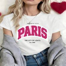 Paris The City Of Lights Graphic T-Shirt, 100% Cotton Oversized Soft Breathable Casual Crewneck Short Sleeve Top, Romantic Summer Vibes Streetwear Tee For Women & Travel Lovers - 白色 - 查看 11