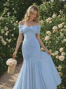 Women's Spring/Summer Light Blue Off-Shoulder Fashion Elegant High-End Bodycon Dress, Suitable For Evening Parties, Weddings, Parties, Vacations And Various Occasions - Baby Blue - View 5