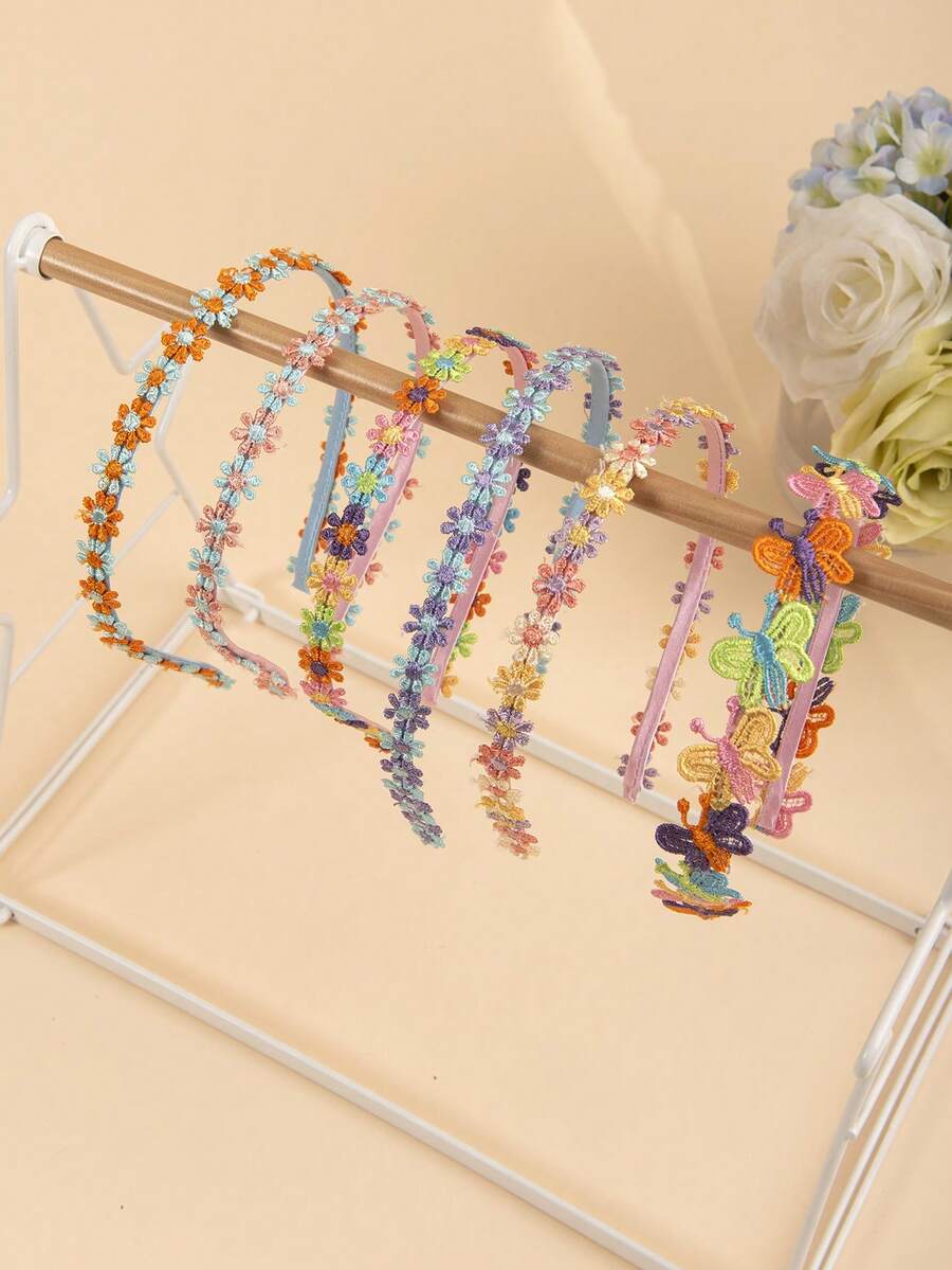 1/3/5件組女孩刺繡蝴蝶與雛菊花卉髮箍,適合野餐、日常休閒造型 - 彩色 - 查看 1