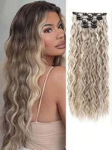 6pcs 24 Inch Black & Brown Clip-In Hair Extensions, Long Mermaid Wave Synthetic Fiber Clip-In Hair Extensions For Women - Multicolor - View 21